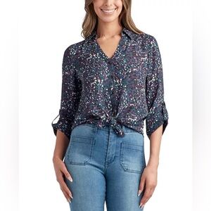 BCX Navy and White Patterned Blouse